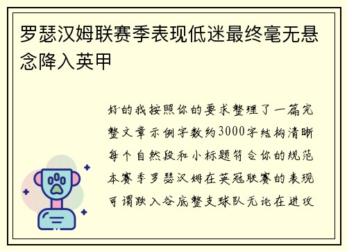 罗瑟汉姆联赛季表现低迷最终毫无悬念降入英甲